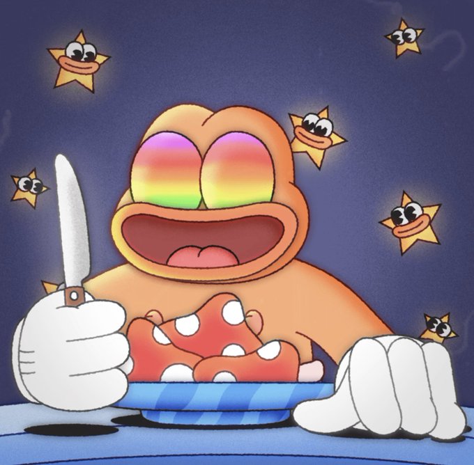 A cartoon illustration of an orange frog-like creature with rainbow eyes happily eating a pile of red mushrooms from a blue striped plate, with a knife in hand and smiling star characters floating around against a night sky background.