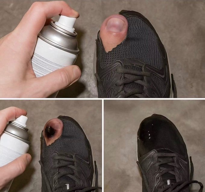 A three-panel image shows a person spraying black shoe polish from a can onto their big toe, which is sticking out of a hole in the toe of a black Nike sneaker, progressively covering the toe in black. The image humorously illustrates the joke about someone pretending to have money ("Crypto will make me a millionaire in 2026") but ending up broke and resorting to painting their toe black to look like they own shoes.