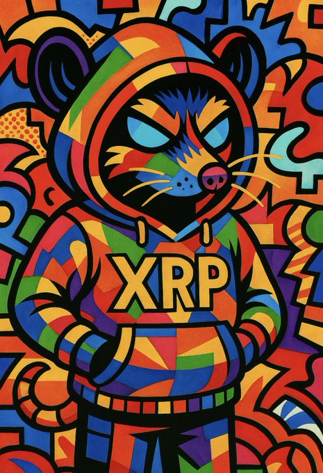 Vibrant, colorful pop-art style illustration of an angry cat wearing a hoodie with 'XRP' prominently displayed on the front, set against a graffiti-style background.