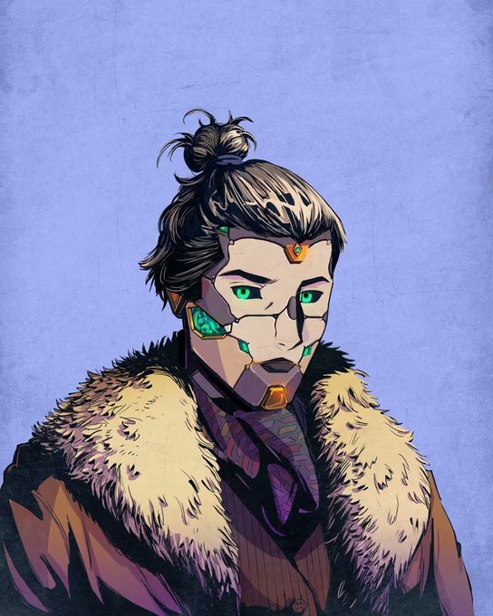 A digital illustration of a cyberpunk character with green eyes, cybernetic facial implants, a topknot hairstyle, and wearing a fur-collared coat over a striped vest against a light blue background.