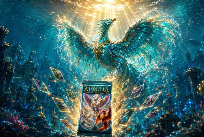 Fantasy digital artwork featuring a majestic dragon-phoenix hybrid creature rising from the ocean, with a booster pack labeled 'ATOLLIA' displayed prominently in the foreground.