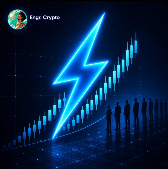 A graphic showing a neon blue lightning bolt and an ascending candlestick chart with silhouettes of people, branded 'Engr. Crypto' in the corner.