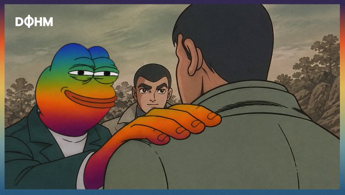 The image shows the "Sad Pepe" meme edited with rainbow colors placing its hand on the shoulder of a cartoon man (from an anime-style scene), with the text "DØHM" in the corner—used to sarcastically express sadness over Bitcoin supposedly gaining a treasury-backed monetary protocol.