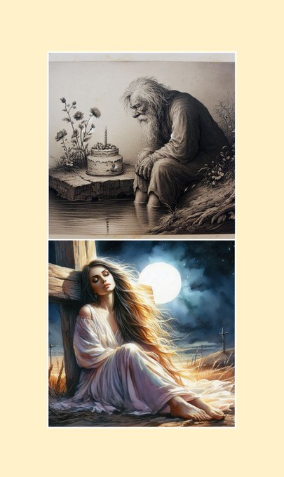 Two artistic illustrations stacked vertically: the top shows an old bearded man sitting pensively by water next to a birthday cake, while the bottom depicts a long-haired woman in a white dress sitting against a wooden cross under a full moon.