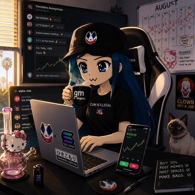 An anime-style illustration depicts a blue-haired character wearing a cap and 'CUM IS ILLEGAL' shirt drinking from a 'gm degens' mug, surrounded by Solana/crypto trading screens, a calendar, and a checklist including 'BUY SOL', 'POST MEMES', and 'MAKE BAGS'.