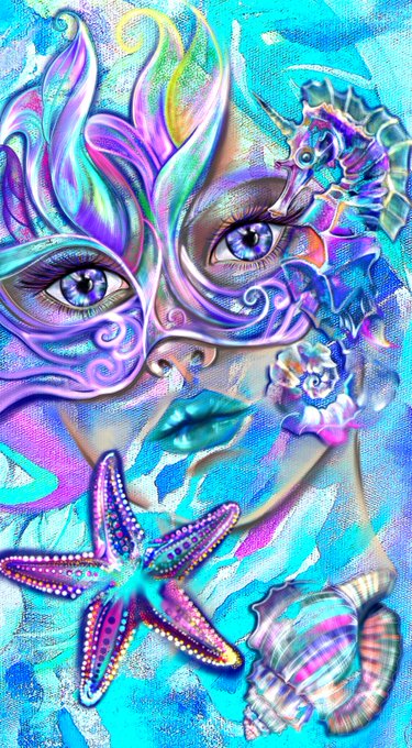 A vibrant digital artwork features a face with piercing blue eyes, surrounded by ocean motifs including a purple starfish, seahorse, shells, and seahorse in shades of blue, purple, and teal.