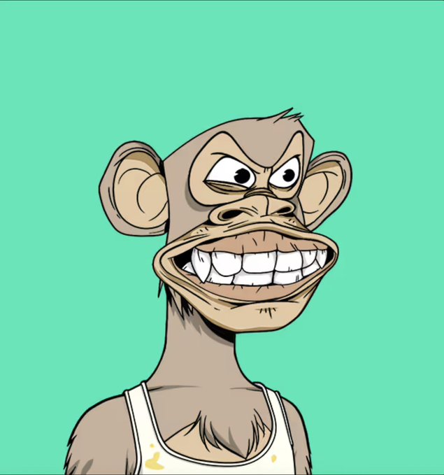 The image features a cartoon monkey with a white shirt, sitting against a green background. The monkey has a big smile on its face and appears to be wearing a tank top. The caption of the image reads "What do you do when the crypto market goes ape sh*t? You buy an ape." This suggests that the monkey is promoting the idea of investing in cryptocurrency or other speculative assets, using humor to make it more appealing.
