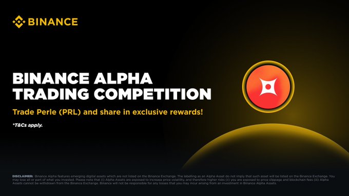 The image is an advertisement for a trading competition held by Binance, encouraging people to join and engage in trading with the prize of rising trader boost. It features a red circular logo with a sun above it, symbolizing abundance and success. The text on the image reads "Binance Alpha PRL Trading Competition", which indicates that this is an event for traders who focus on trading strategies using price information from the Primary Reference Price (PRL).