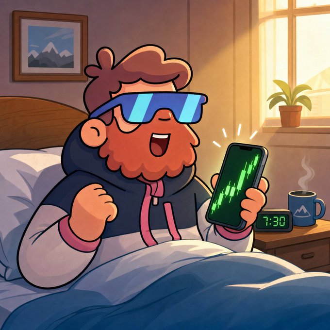 A cartoon illustration shows a bearded man wearing VR-style sunglasses excitedly looking at a smartphone displaying a green stock chart, while sitting in bed with a digital clock reading 7:30.