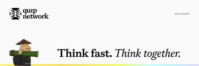 The image displays a Quip Network branded banner featuring their logo, the URL "quip.network," and a cartoon character holding a scroll, alongside the tagline "Think fast. Think together." This visually reinforces the post's celebration of Quip Network achieving the #3 Ethereum collection ranking on OpenSea, emphasizing the collaborative and forward-thinking ethos behind the project.