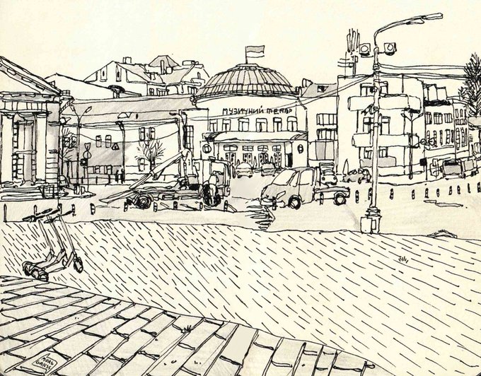 A black ink sketch of a city street scene featuring a domed building with a flag, construction equipment, vehicles, and a scooter parked on a brick sidewalk.