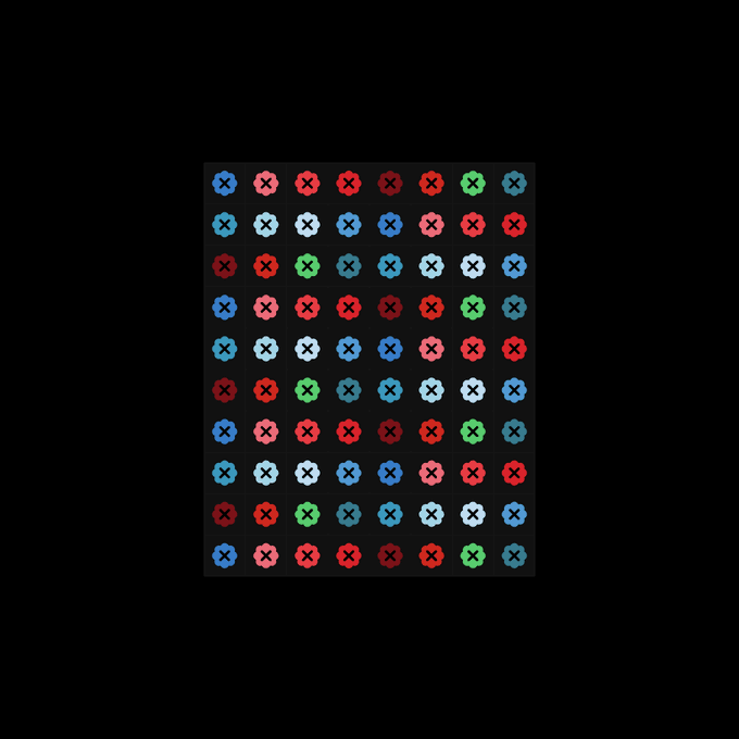 A black-background graphic showing a 10-by-8 grid of colorful flower-shaped symbols, each marked with an X.