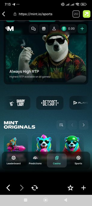 A screenshot of a mobile gambling website at mint.io/sports displaying a 'Mint Originals' section featuring cartoon animal mascots, with an image of a bear smoking a cigar and wearing a gold chain.