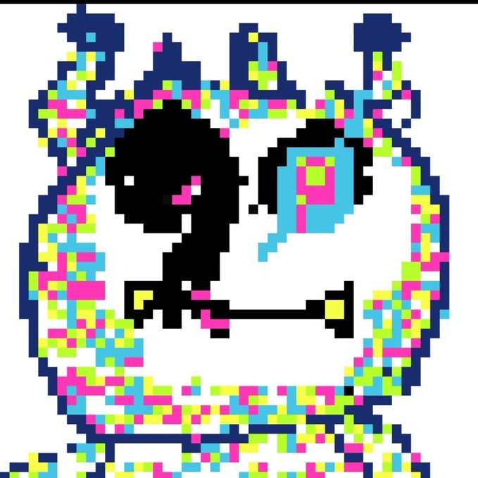 A pixel art style image with glitchy cyan, magenta, and yellow patterns forming a circular shape with black silhouettes and a blue dripping element.