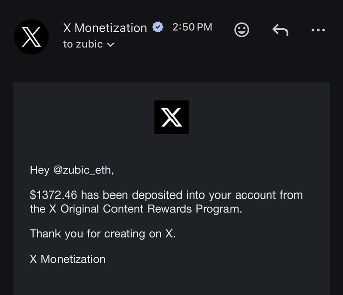 A direct message from "X Monetization" informs "@zubic_eth" that $1372.46 has been deposited into their account from the X Original Content Rewards Program. The image supports the post by showcasing the user's biggest payout from X so far.