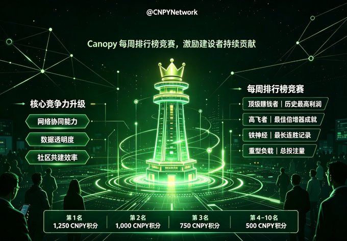 A green-themed digital graphic from '@CNPYNetwork' promoting a 'Canopy' weekly leaderboard competition, displaying CNPY point rewards for the top 10 ranks and a glowing central tower.
