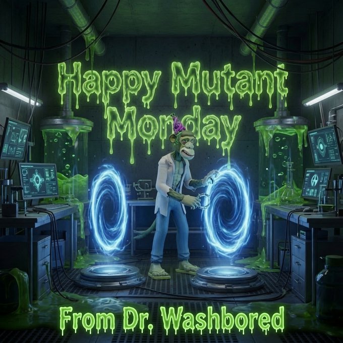 A digital artwork featuring a mutant monkey character in a lab coat standing between two glowing blue portals in a sci-fi laboratory setting, with dripping green slime text reading 'Happy Mutant Monday' and 'From Dr. Washbored'.