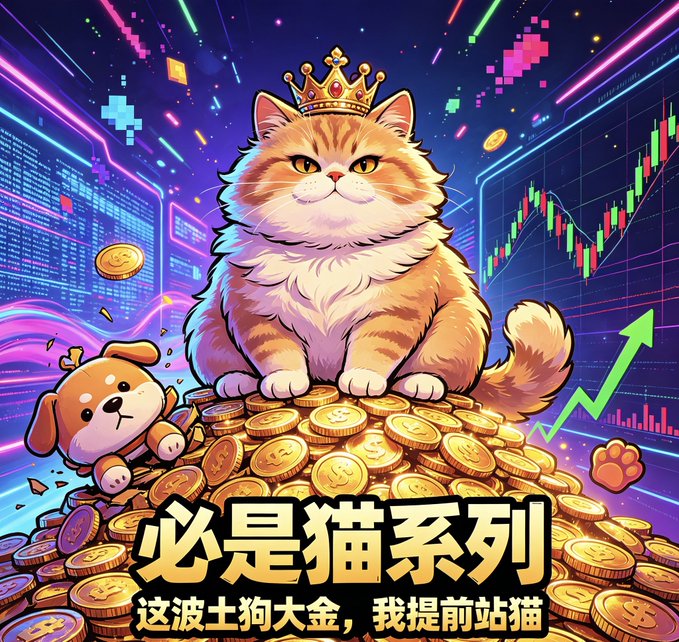 A vibrant digital artwork featuring a crowned cat sitting on a pile of gold coins with a Shiba Inu dog beside it, Chinese text reading '必是猫系列' (Must be Cat Series) at the bottom, and trading charts in the background.