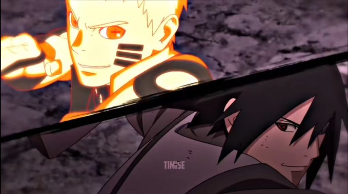 Two anime characters face off in a dramatic split-screen composition, with the blonde character on the left backlit with a fiery orange glow while the dark-haired character on the right glares intensely; a 'TIMISE' watermark is visible.