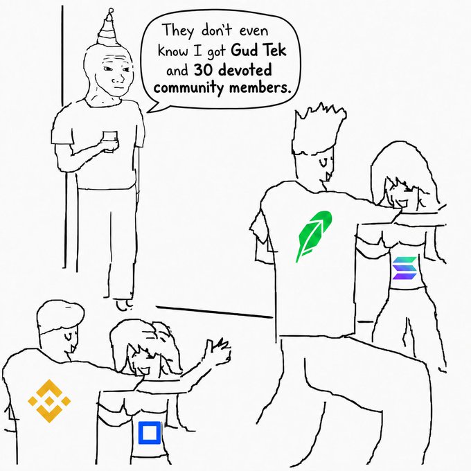 A man in a party hat, ignored by a couple wearing Solana and Phantom logos, laments "They don't even know I got Gud Tek and 30 devoted community members," while two other figures (with Binance and Base logos) are pushed aside in the corner—illustrating how lesser L1/L2 chains with good tech but small communities get sidelined by dominant players like SOL.