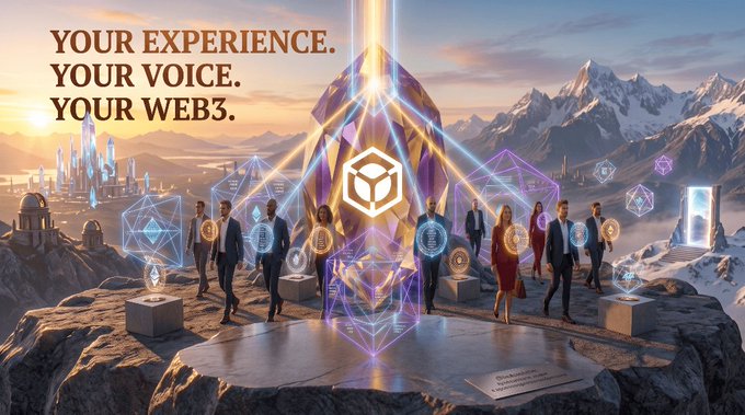 A promotional Web3 image featuring the text 'YOUR EXPERIENCE. YOUR VOICE. YOUR WEB3.' with a group of people standing on a rocky platform surrounded by glowing geometric holograms and a futuristic cityscape.