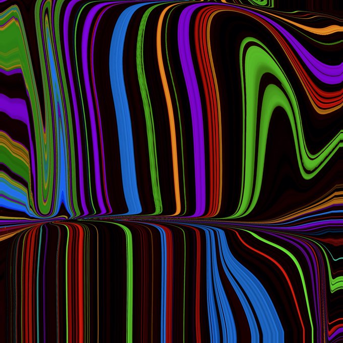 An abstract digital artwork featuring wavy, distorted vertical stripes in vibrant neon colors like green, blue, purple, red, and orange against a black background.