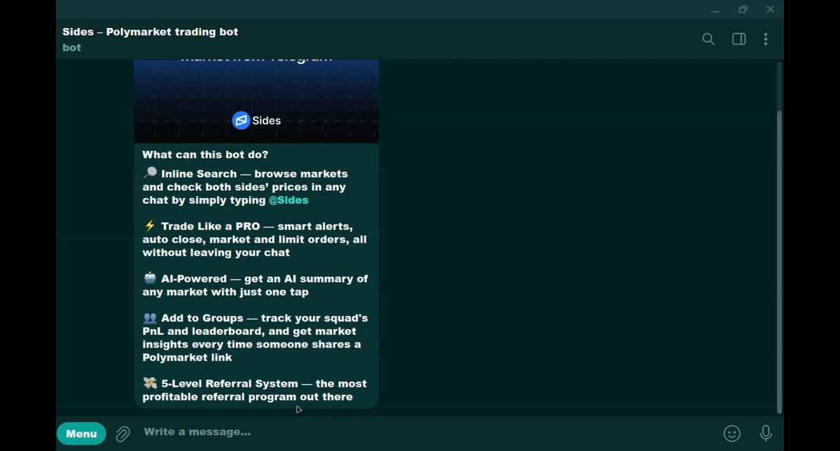 This image displays a computer screen displaying a text message from someone who uses an app called Sides trading platform. The app provides information about various markets available for trading, including new markets opening daily and some other emerging markets as well. It also highlights the app's ability to analyze these market trends in real time. 

The user has just purchased shares in PolyMarket Markets and sent a text message to someone named Alex asking them to add more details on what they bought. The post from Sides suggests that traders can get immediate access to information about different markets, helping them make informed trading decisions while maintaining the lowest possible fees.