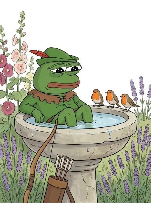 A weary-looking Pepe the Frog sits in a stone birdbath wearing a feathered cap and tunic, while three robins perch on the rim, patiently waiting for him to vacate their bathing spot amid a garden of hollyhocks and lavender.