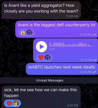 A screenshot of a messaging conversation discussing 'Avnt' as 'the biggest defi counterparty' and mentioning 'avkBTC launches next week'.