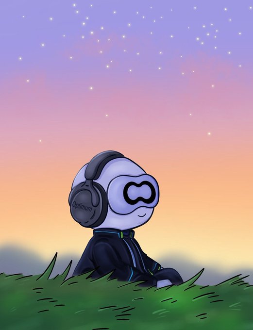 An illustration of a small character wearing 'Optimum' branded headphones and a VR-like headset, sitting in grass against a starry purple and orange sunset sky.