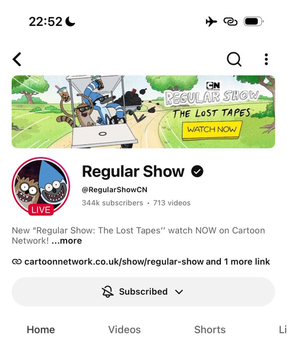 A YouTube channel page for 'Regular Show' (@RegularShowCN) with 344k subscribers and 713 videos, displaying a banner for 'Regular Show: The Lost Tapes' available on Cartoon Network.