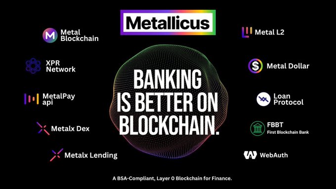 The image is a promotional graphic for **Metallicus**, centered around the bold tagline **"Banking is Better on Blockchain."** It highlights the company's ecosystem of products and services, including Metal Blockchain, Metal L2, XPR Network, Metal Dollar, MetalPay api, Loan Protocol, MetalX Dex, FBBT (First Blockchain Bank), MetalX Lending, and WebAuth, with the caption **"A BSA-Compliant, Layer 0 Blockchain for Finance."**

The graphic visually supports the accompanying post by illustrating the interconnected suite of tools—**Metal Blockchain, XPR Network, Metal Dollar ($XMD), LOAN Protocol, and Metal DAO**—that together enable instant settlement, gas-free payments, stablecoins, lending, and governance on a Layer 0 architecture.