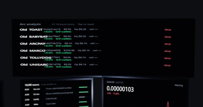 A dark dashboard displays an 'Arc analysis' panel listing pool coins like 'Old TOAST', 'Old BABYSAT', 'Old ARCPAY', 'Old MARCO', 'Old TOLLYDOGG', and 'Old UNISARC' with their metrics and 'Skip' options, alongside a rewards list and a SHEATER THEATER viewer count of 0.00000103.
