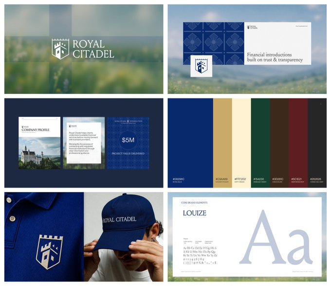 Brand design mockup for 'ROYAL CITADEL' showing logo designs, a company profile, color palettes, and polo shirt and cap applications.