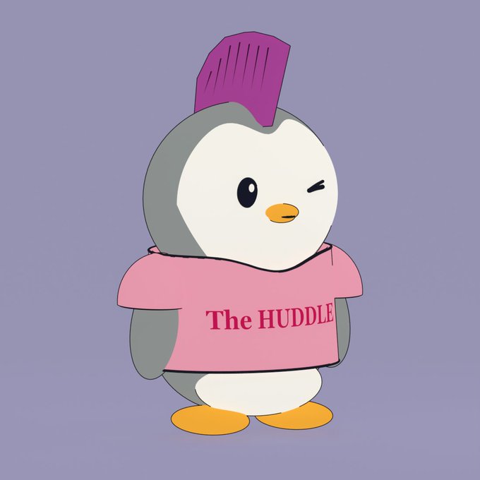 An illustrated penguin character with a purple mohawk wears a pink shirt that reads 'The HUDDLE'.