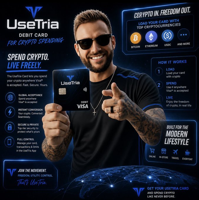A promotional graphic for the "UseTria" Visa debit card featuring a smiling man in sunglasses holding the black card, with text highlighting "Crypto In. Freedom Out." alongside Bitcoin, Ethereum, and USDC logos. The image aligns with the partnership announcement by showcasing the card's benefits like self-custody crypto spending, Visa acceptance, and up to 6% cash back referenced in the post.