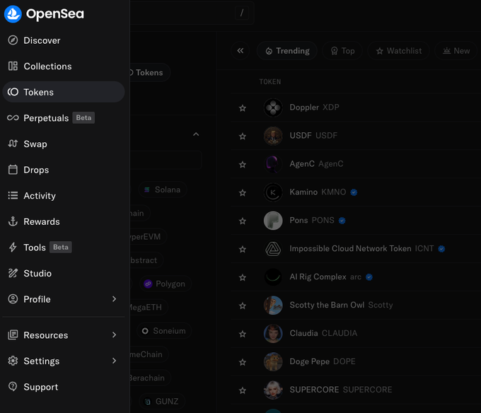 A screenshot of the OpenSea NFT marketplace interface, showing a 'Tokens' menu on the left and a list of trending tokens like 'Doppler XDP', 'USDF USDF', and 'Kamino KMNO' on the right.