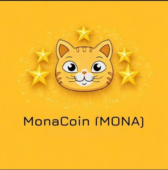A cartoon orange tabby cat mascot surrounded by golden stars appears on a yellow background with the text "MonaCoin (MONA)" displayed below, promoting the cryptocurrency presale mentioned in the post.