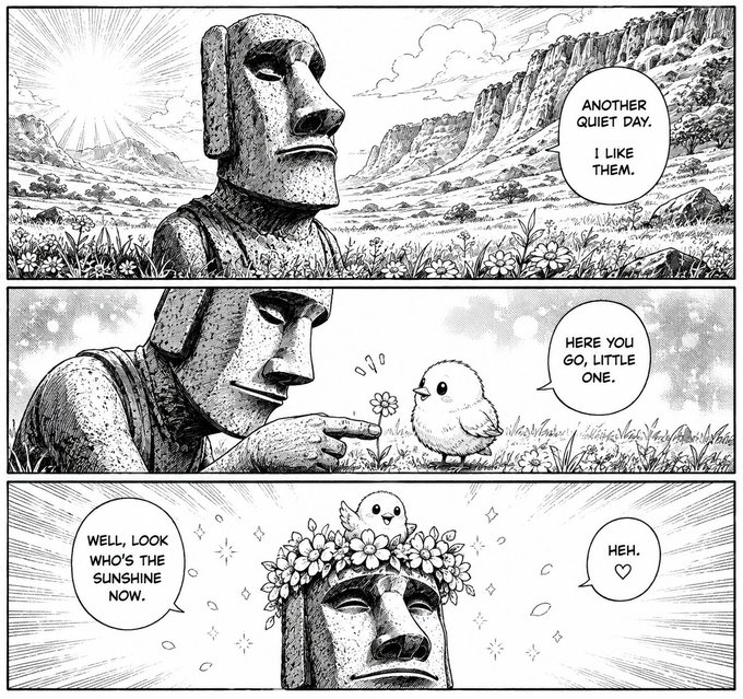 A three-panel black and white manga featuring a Moai statue; in the first panel the statue is alone in a field thinking 'ANOTHER QUIET DAY. I LIKE THEM,' in the second it offers a flower to a small bird saying 'HERE YOU GO, LITTLE ONE,' and in the third the bird nests in a flower crown on its head while it remarks 'WELL, LOOK WHO'S THE SUNSHINE NOW.'
