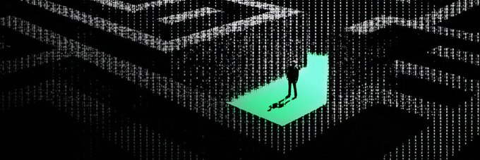 A silhouette of a person stands amid falling green code (resembling the iconic "Matrix" digital rain) alongside a small dog on a glowing platform, visually symbolizing a hacking scenario. The image illustrates the post's warning that RiseX was hacked, resulting in the loss of 670K USDC, urging users to avoid the project.