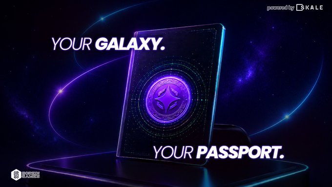A promotional image with the text 'YOUR GALAXY. YOUR PASSPORT.' showing a glowing purple card or device with 'powered by SKALE' branding.