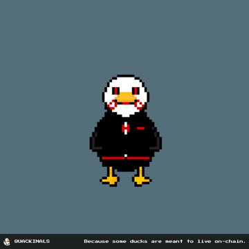 Pixel art of a white duck with red eyes wearing a black hoodie, captioned 'QUACKINALS - Because some ducks are meant to live on-chain.'