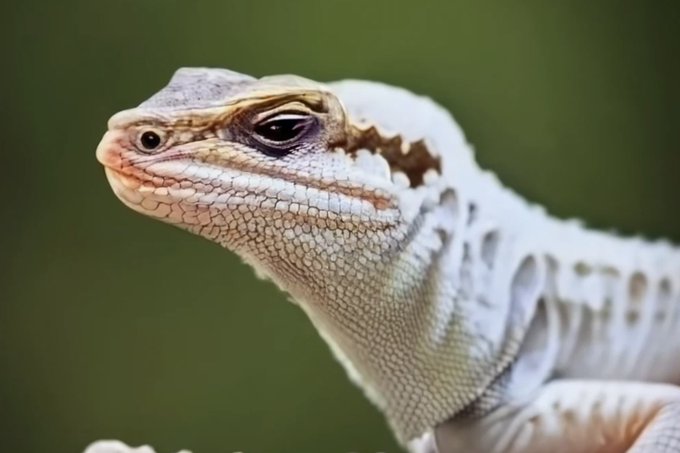 A close-up side profile of a white lizard with detailed scales and a dark eye against a blurred green background.