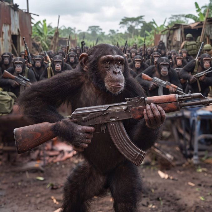 A chimpanzee grips an AK-47 while standing before an army of armed apes in a jungle village, evoking a militia-style scene. The post promotes "$APEGUN TO MILLIONS" on Solana with a contract address (FW9p66Bsgdp5fNYdfEuseNBin8Zw3Ziqm5R1jHmXpump), using the armed ape imagery to hype a meme coin called "ape gun."