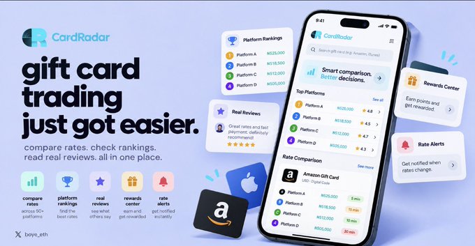 A promotional graphic for the 'CardRadar' app advertises that 'gift card trading just got easier', featuring a smartphone screen displaying platform rankings and rate comparisons.