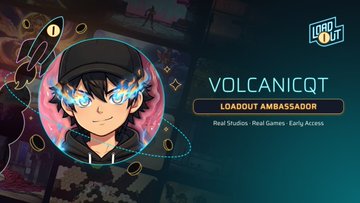 The image shows a "LOADOUT AMBASSADOR" badge featuring the username "Volcanicqt" with details "Real Studies - Real Games - Early Access," aligning with the post's mention of becoming an ambassador for @loadoutprotocol. The graphic includes a stylized anime-style avatar with blue flame eyes wearing a cap, complementing the personal achievement announcement.