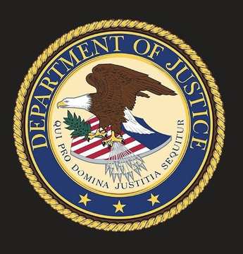 The image shows the official seal of the Department of Justice, featuring a bald eagle, a shield with red and white stripes, and the inscription "DEPARTMENT OF JUSTICE" along with the Latin motto "QUI PRO DOMINA JUSTITIA SEQUITUR." The seal relates directly to the post, which reports on a Department of Justice action involving the seizure of 21.17 BTC and 76.56 ETH from an Iranian owner under allegations of North Korea IT fraud, despite no charges being filed.