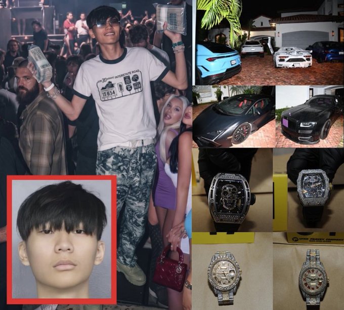 Collage featuring a young man's ID photo, images of him holding cash at a club, and luxury items including several sports cars and expensive diamond watches.