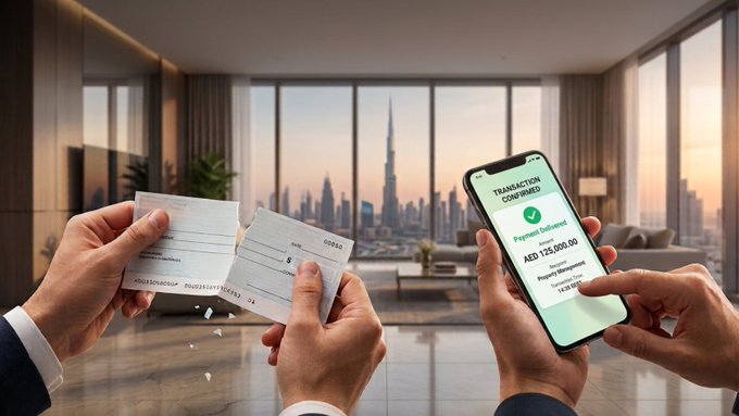A composite image showing hands tearing a paper check in half on the left and a smartphone displaying a 'TRANSACTION CONFIRMED - Payment Delivered' for AED 125,000.00 on the right, set against a city skyline backdrop.