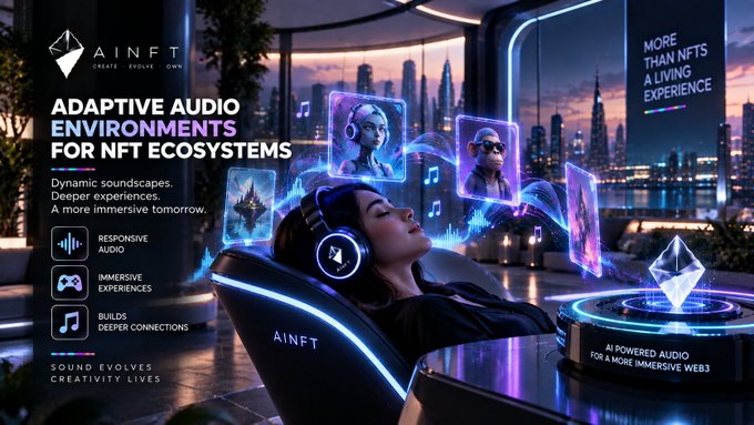 A futuristic promotional banner for AINFT titled 'Adaptive Audio Environments for NFT Ecosystems,' showing a woman wearing headphones surrounded by floating NFT avatars and audio waveforms.